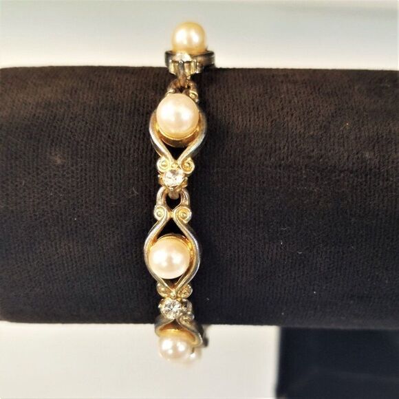 Vintage Faux Pearl Clear Rhinestone Gold Tone Link Bracelet 7 inch - Picture 6 of 6
